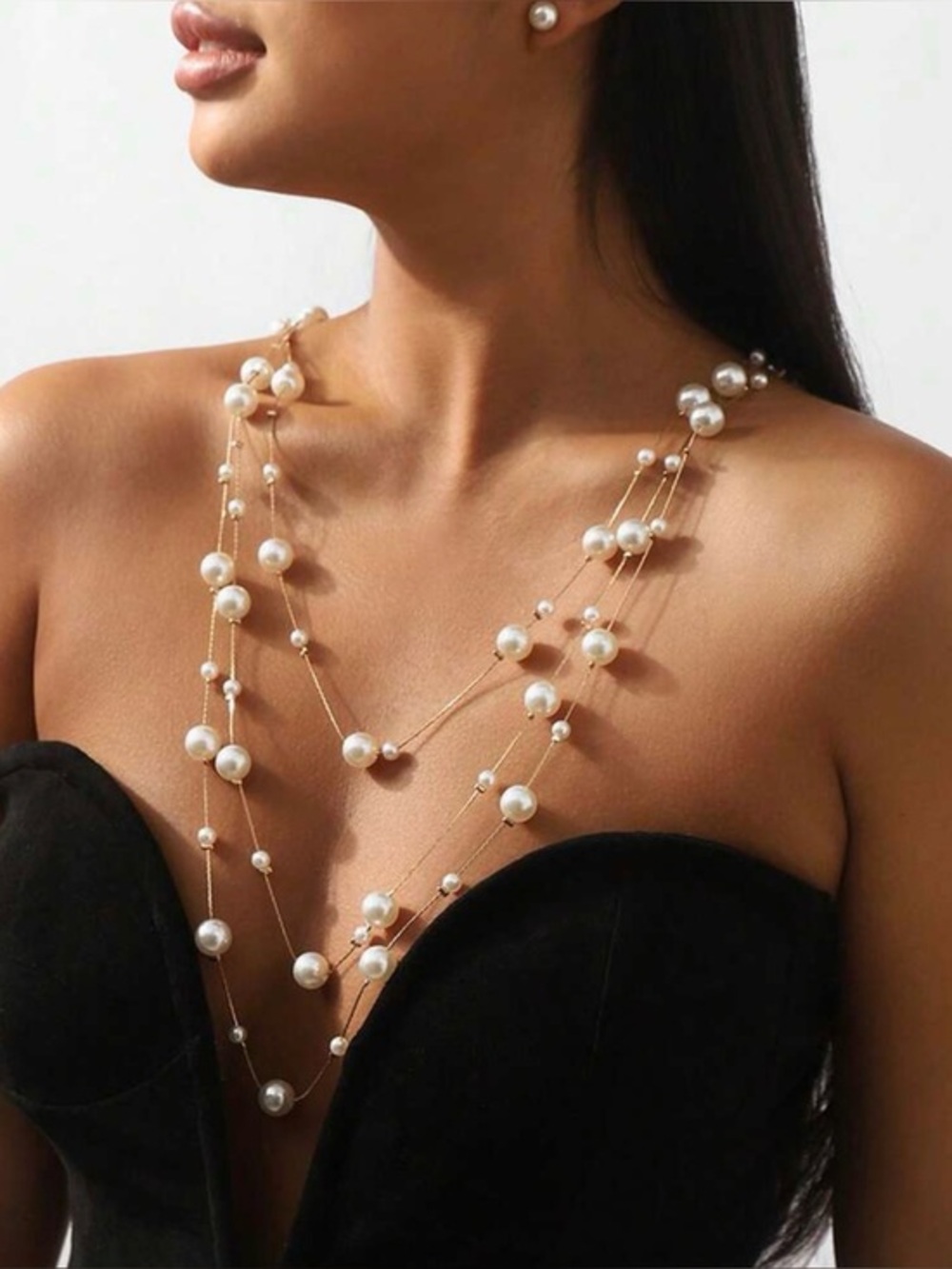 Faux Pearl Layered Necklace & Stud Earrings Set